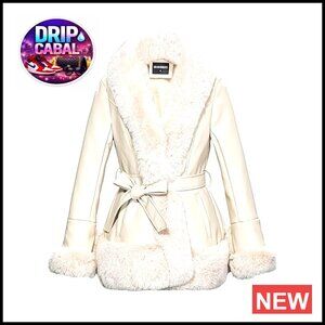 Faux Leather Jacket with Faux Fur Collar, Peplum Parka Coat with Belt, Size M